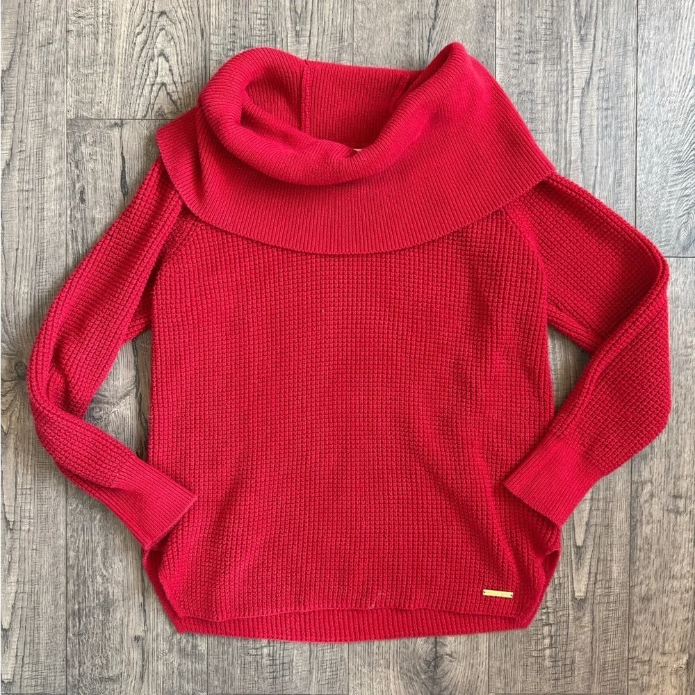 Michael Kors Red Waffle Holiday Cowl Neck Sweater- Size Small